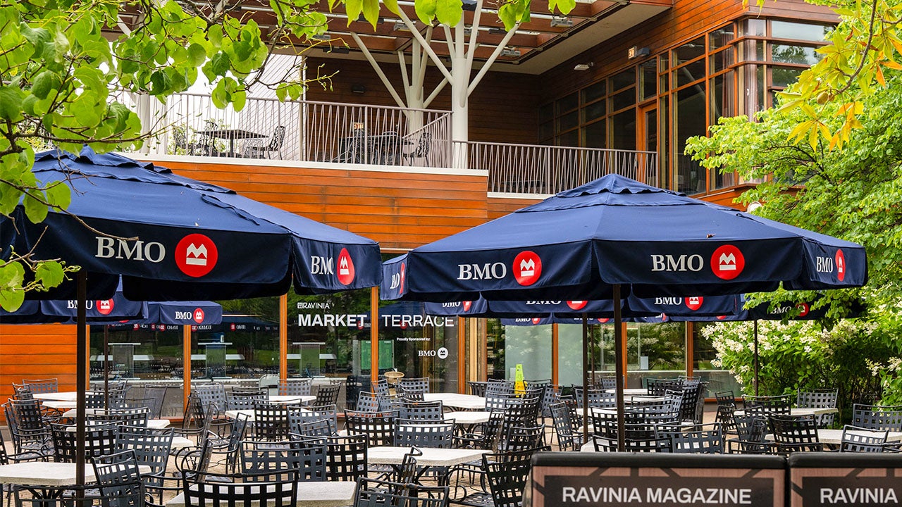 BMO Market Terrace tables and seating outside the Ravinia Market