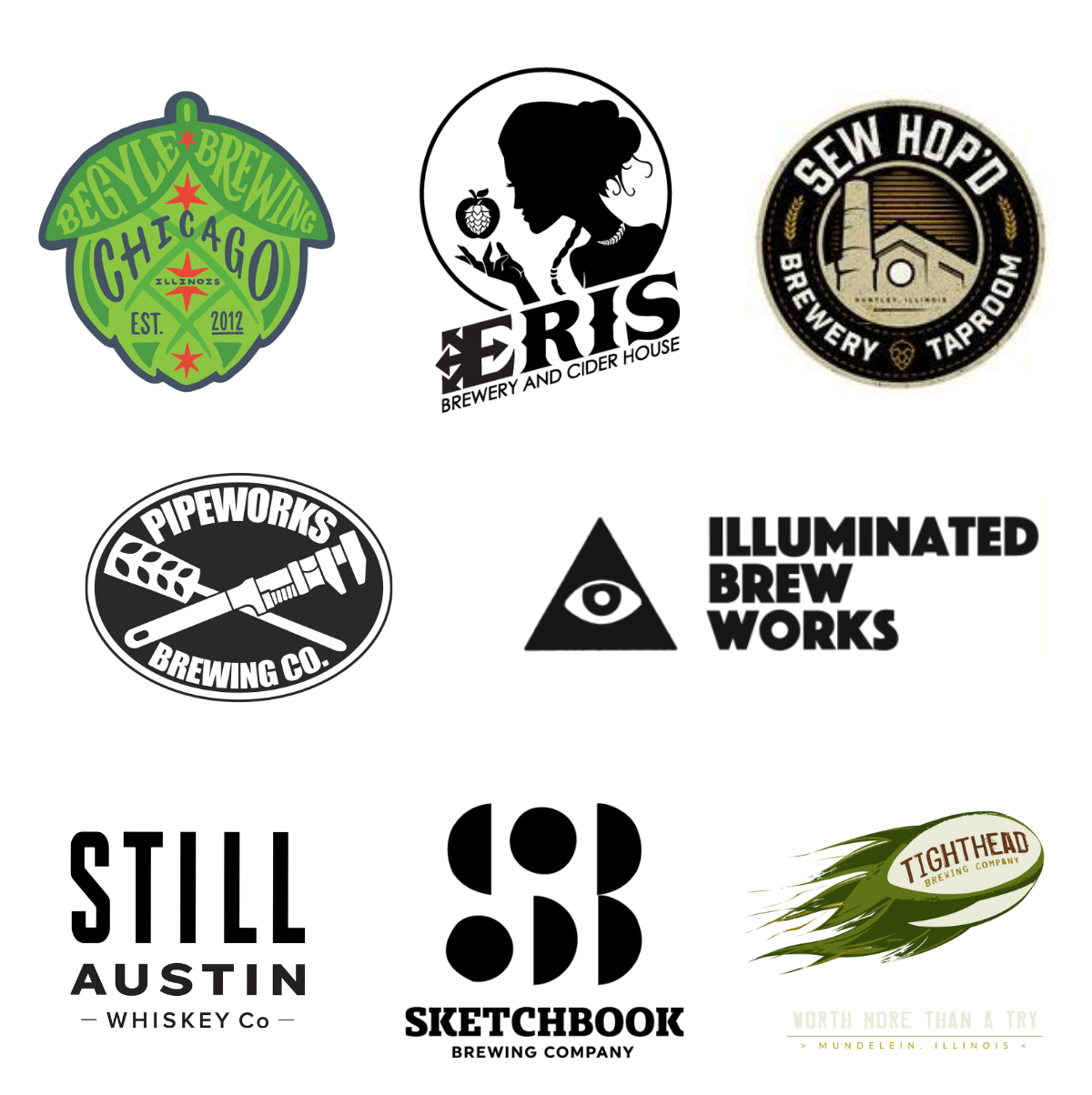 Begyle Brewing, Eris Brewery & Cider House, Sew Hop’d Brewery, Pipeworks Brewing, Illuminated Brew Works, Still Austin Whiskey Co, Sketchbook Brewing, Tighthead BRewing