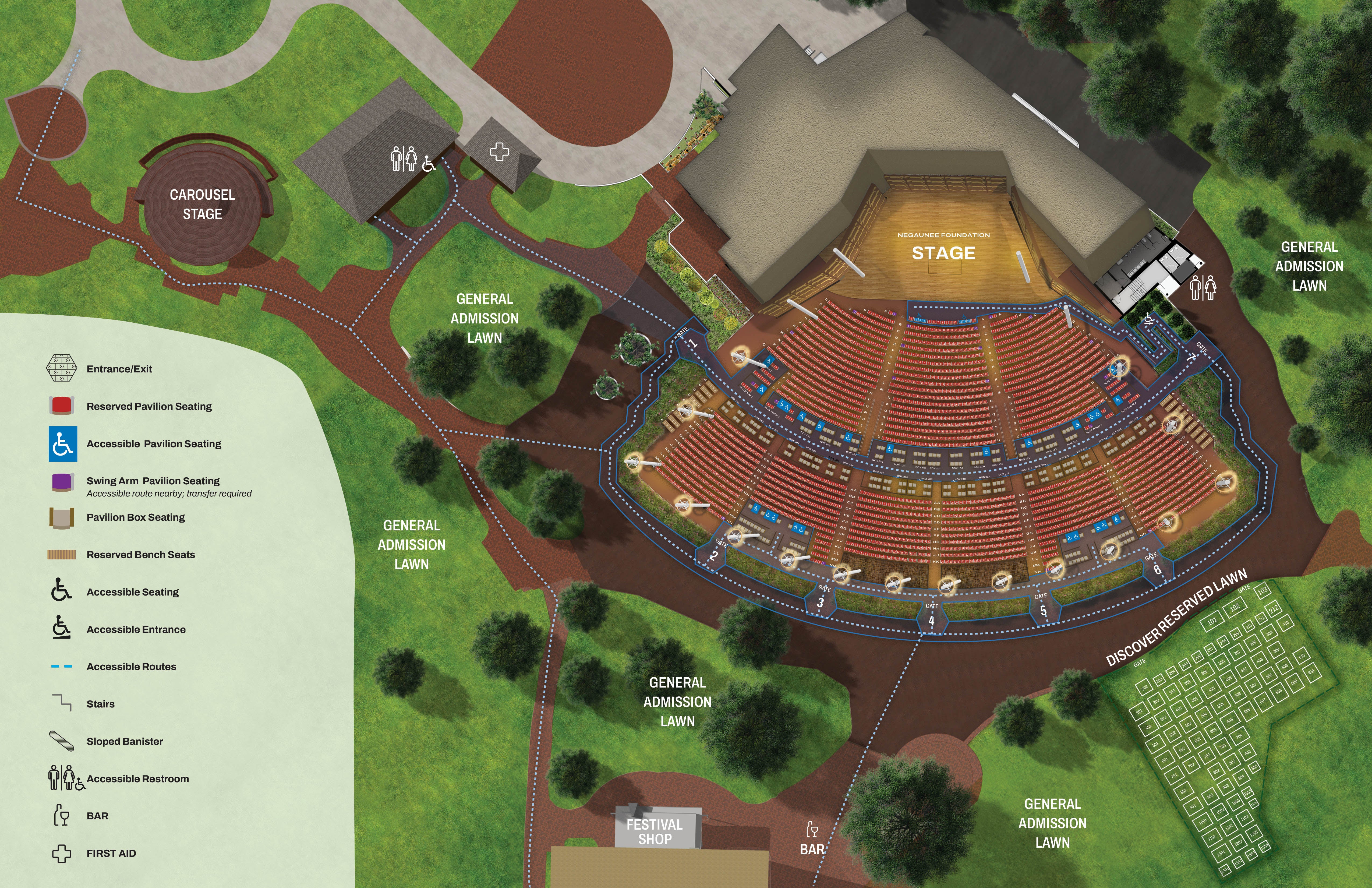 Map using dashed lines to show accessible routes for guests with mobility disabilities to reach accessible reserved seats in the Hunter Pavilion and nearby accessible restrooms