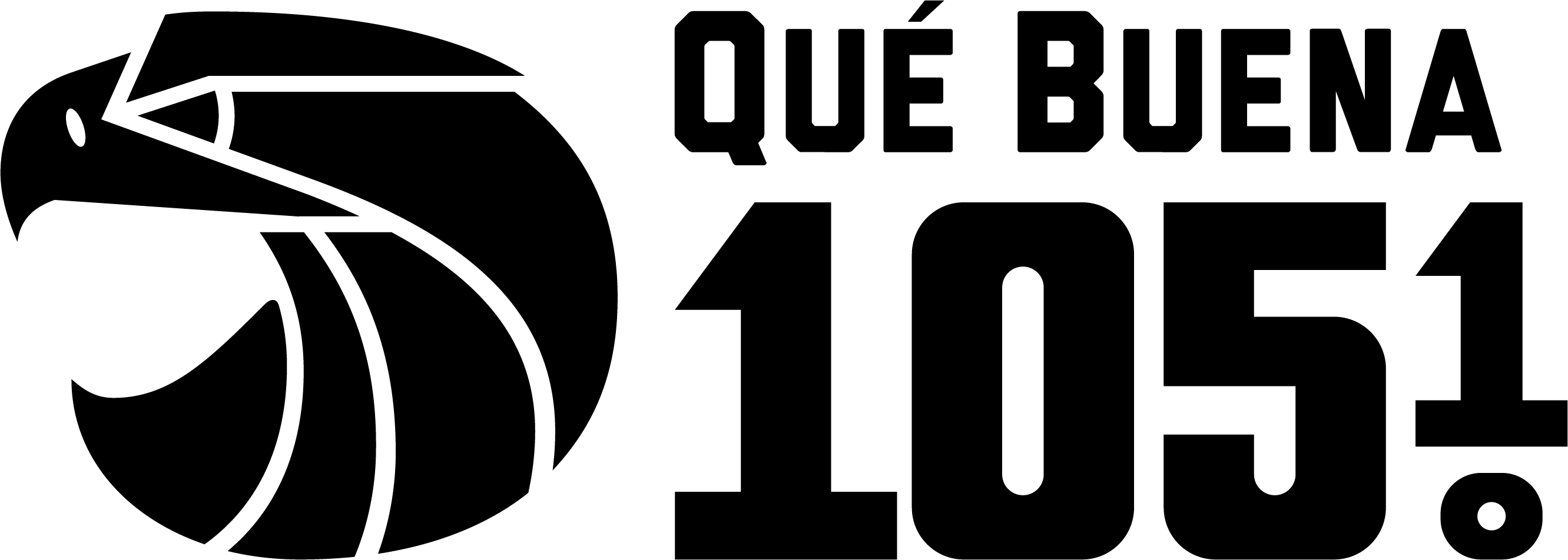 Que Buena 105.1FM WOJO-FM black and white logo.png